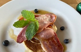 Pancakes and Bacon with Maple Syrup and Locally Sourced Blueberries